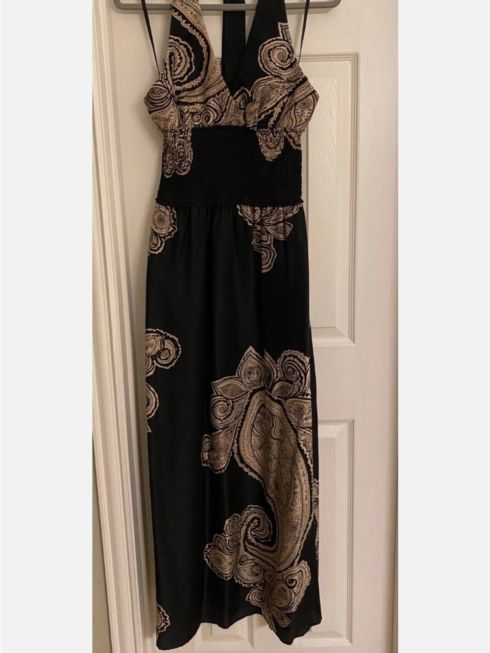 BCBGMaxAzria 100% Silk Black Maxi Halter Dress with Gold/Beige Paisley Print S